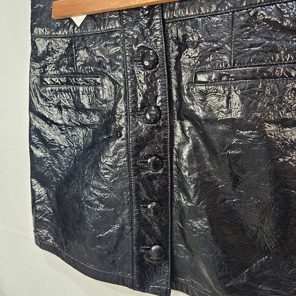 7 For All Mankind Skirt Patent Leather Button Front Shiny Disco Black Medium - Picture 3 of 9